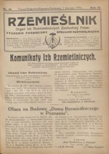 Rzemieślnik : organ izb rzemieślniczych Zachodniej Polski : tygodnik poświęcony sprawom rzemieślniczym 1928.04.01 R. IX nr 14