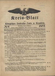 Kreis Blatt des Königlichen Landraths-Amts zu Graudenz 1872.2.09 nr 6