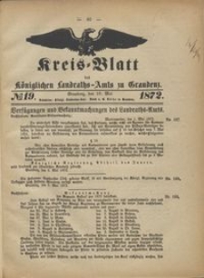 Kreis Blatt des Königlichen Landraths-Amts zu Graudenz 1872.05.10 nr 19