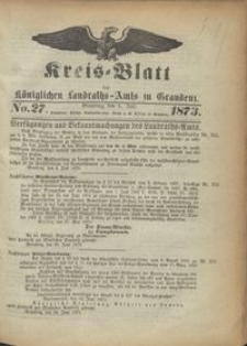 Kreis Blatt des Königlichen Landraths-Amts zu Graudenz 1873.07.04 nr 27