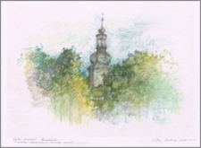 Z cyklu "Kujawy": Raciążek,wieża kościelna wśród drzew