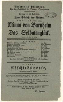 [Afisz:] Minna von Barnhelm, oder Das Soldatenglück. Lustspiel in 5 Akten von Gotthold Ephraim Lessing