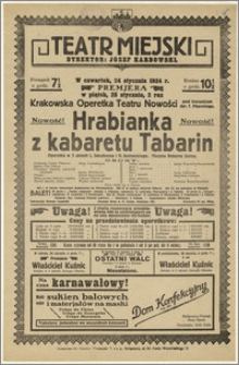 [Afisz:] Hrabianka z kabaretu Tabarin. Operetka w 3 aktach L. Jakobsona i R. Rodanzkiego