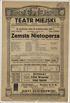 [Afisz:] Zemsta Nietoperza. Opera komiczna w 3 aktach, słowa Hoffnera i Genée