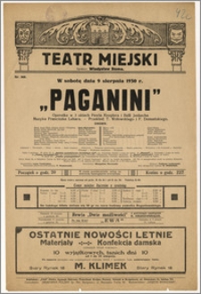[Afisz:] Paganini. Operetka w 3 aktach Pawła Kneplera i Belli Jenbacha