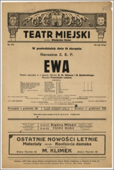 [Afisz:] Ewa. Wielka operetka w 3 aktach, libretto A. M. Wilnera i R. Bodańskiego