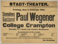[Afisz:] College Crampton. Komödie in 5 Akten von Gerhart Hauptmann