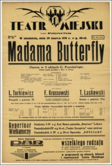 [Afisz:] Madama Butterfly. Opera w 3 aktach G. Puccini'ego