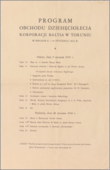 Program obchodu Dziesięciolecia Korporacji Baltia w Toruniu w dniach 9 i 10 stycznia 1932 r