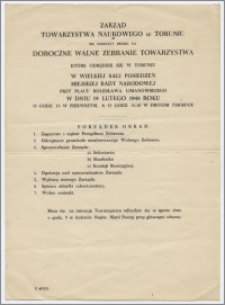 [Zaproszenie. Incipit] Zarząd Towarzystwa Naukowego w Toruniu ma zaszczyt prosić na Doroczne Walne Zebranie Towarzystwa ...19 lutego 1948 roku