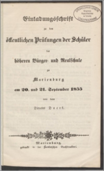 Einladungsschrift öffentlichen Prüfungen der Schüler der höheren Bürger und Realschule zu Marienburg