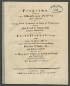 Programm, womit zur öffentlichen Prüfung aller Classen des Königl. kathol. Gymnasium zu Conitz in Westpreussen, welche den 1. und 2. August 1836