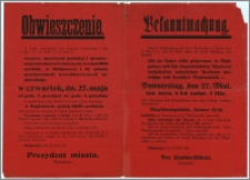 Obwieszczenie w sprawie kontroli meldunkowej dla mężczyzn narodowości polskiej i niemieckiej urodzonych w 1902 r. [...] Bydgoszcz, dnia 22. maja 1920