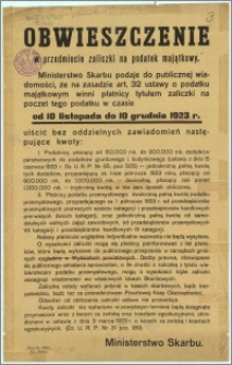 Obwieszczenie w przedmiocie zaliczki na podatek majątkowy. : Wpłaty w czasie od 10 listopada do 10 grudnia 1923