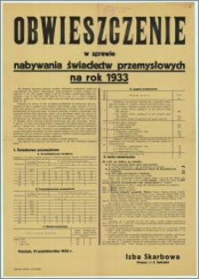 Obwieszczenie w sprawie nabywania świadectw przemysłowych na rok 1933 : Poznań, 31 października 1932 r.