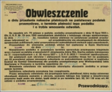Obwieszczenie o dniu przesłania nakazów płatniczych na państwowy podatek przemysłowy, o terminie płatności tego podatku i o trybie wnoszenia odwołań. : Bydgoszcz, dnia 15 kwietnia 1929 r.