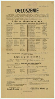 Ogłoszenie : na temat wyborów do Rady Kasy Chorych powiatu Iłżeckiego w Wierzbniku [...] Wierzbnik, dnia 28 listopada 1928 r. (listy kandydatów, miejsca lokali wyborczych)