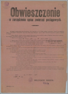 Obwieszczenie o zarządzeniu spisu zwierząt pociągowych [...] Bydgoszcz, dnia 1. marca 1924 r.