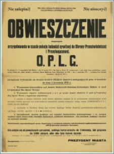 Obwieszczenie dotyczące przygotowania w czasie pokoju ludności cywilnej do Obrony Przeciwlotniczej i Przeciwgazowej. O.P.L.G. [...] Bydgoszcz, dnia 4 marca 1938 r.