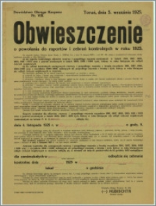 Obwieszczenie : [Inc.:] o powołaniu do raportów i zebrań kontrolnych w 1925 r. (...), Toruń, dnia 5. września 1925 r.