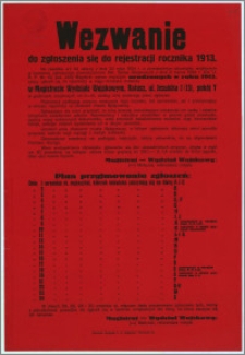 [Obwieszczenie] : Wezwanie do zgłoszenia się do rejestracji rocznika 1913 w Magistracie Wydziale Wojskowym, Ratusz, ul. Jezuicka 1 [...]