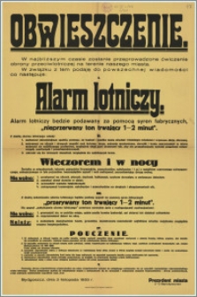 Obwieszczenie : Alarm lotniczy - Bydgoszcz, 2 listopada 1933 r.