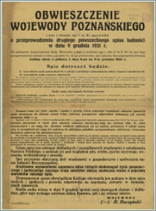 Obwieszczenie wojewody poznańskiego o przeprowadzeniu drugiego powszechnego spisu ludności w dniu 9. XII. 1931 r.