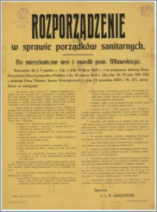 Rozporządzenie w sprawie porządków sanitarnych. Do mieszkanców wsi i osiedli pow. Mławskiego : Mława, dn. 20.VI.1929 r.