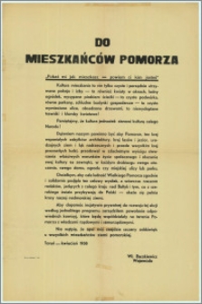 [Obwieszczenie] : [Inc.:] Do Mieszkańców Pomorza - "Pokaż mi jak mieszkasz - powiem ci kim jesteś". Toruń, kwiecień 1938 r.