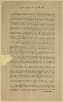 Do naszych rodaków. [Inc.:] Odchodzimy... Idziemy znów na obcą ziemię. Twardy rozkaz wojskowy, któremu zwykliśmy być posłuszni [...] : Warszawa, d. 29 sierpnia 1917 r.