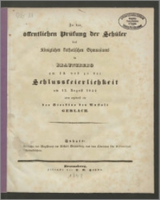 Zu der öffentlichen prüfung der Schüler des Königlichen katholischen Gymnasiums in Braunsberg am 12. und zu der Schlusskeierlichtzeit am 13. August 1842