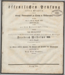 Zu der öffentlichen Prüfung der aller Klassen des Königl. Gymnasiums zu Conitz in Westpreussen, welche den 1. und 2. August 1833