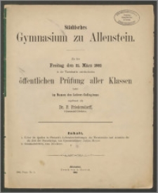 Städtisches Gymnasium zu Allenstein. Zu der Freitag den 31 März 1882