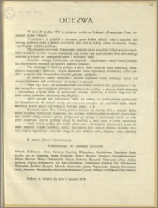 Odezwa. [Inc.:] W dniu 20 grudnia 1917 r. zawiązane zostało w Krakowie "Towarzystwo Pracy Narodowej Kobiet Polskich" [...]