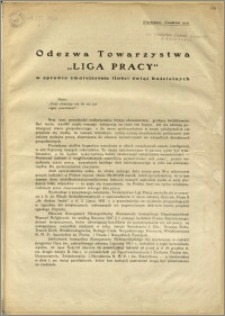 Odezwa Towarzystwa "Liga Pracy" w sprawie zmniejszenia ilości świąt kościelnych : Warszawa, grudzień 1919 r.