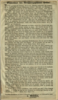 Einwohner des Grossherzogthums Posen! [Incipit:] Die Reorganisation der Provinz, wie sie Se. Majestät versprochen, soll beginnen ; ich bin dazu mit den nothingen Vollmachten versehen. [...]