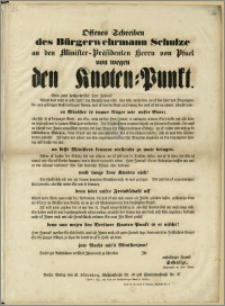Offenes Schreiben des Bürgerwehrmann Schulze an den Minister-Präsidenten Herrn von Pfuel von wegen den Knoten-Punkt