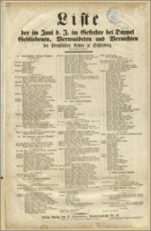 Liste der im Juni d. J. im Gefechte bei Düppel Gebliebenen, Verwundeten und Vermißten der Preußischen Armee in Schleswig (Nach amtlichen Quellen)