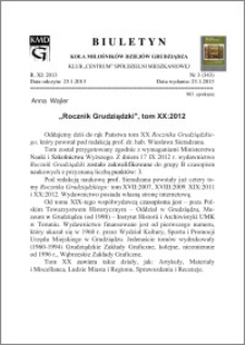 Biuletyn Koła Miłośników Dziejów Grudziądza 2013, Rok XI, nr 3(343): „Rocznik Grudziądzki", tom XX:2012