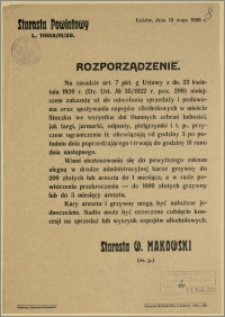 [Rozporządzenie] : Rozporządzenie nt. zakazu sprzedaży i podawania alkoholu w m. Stoczku, Łuków, 19 maj 1928 r.