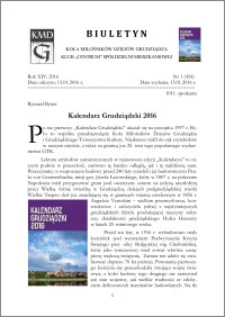 Biuletyn Koła Miłośników Dziejów Grudziądza 2016, Rok XIV, nr 1(454) : Kalendarz Grudziądzki 2016
