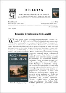 Biuletyn Koła Miłośników Dziejów Grudziądza 2016, Rok XIV, nr 5(458) : Rocznik Grudziądzki tom XXIII