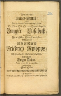 Den zerstörten Leibes-Pallast, Wolte Bey der ... Leiche, Der ... Jungfer Elisabeth, Des ... Herren Friedrich Rysopps, Wohlverdienten Rathmannes allhier, hinterlassenen ... Tochter, Anno 1706. den 13. Augusti, eylfertig abbilden Jacob Herden