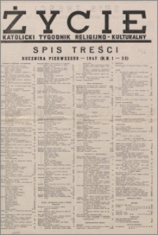 Życie : katolicki tygodnik religijno-społeczny 1947, R. 1 spis treści