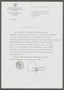 Zaświadczenie Konsulatu Generalnego Rzeczypospolitej Polskiej dotyczące pobytu Edmunda Chodorskiego w wileńskim więzieniu w 1945 roku