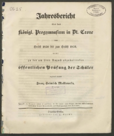 Jahresbericht über das Königl. Progymnasium in Dt. Crone vom Herbst 1850 bis zum Herbst 1851