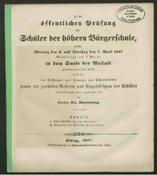 Zu der öffentlichen Prüfung der Schüler der höhern Bürgerschule, welche Montag den 6. und Dienstag den 7. April 1857