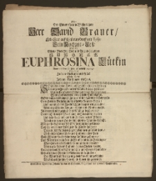 Als, Der Ehrenveste und Wohlgelahrte Herr David Brauer, Erb-Herr auff Kaszmansdorff und Tyllyc Sein Hochzeit-Fest, Mit der ... Jungfer Euphrosina Lütkin Anno 1716 den 19 Febr. erfreulichst begieng / Wünschte Zu dem Ehestande viel Glück Sein Vetter Johann Nathanael Göszens