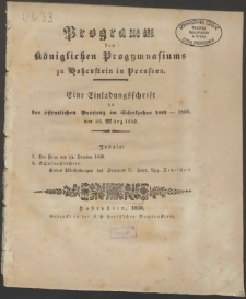 Programm des Königlichen Progymnasiums zu Hohenstein in Preussen. Eine Einladungsschrift zu der öffentlichen Prüfung im Schuljahre 1849-1850, am 26. März 1850