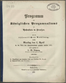 Programm des Königlichen Progymnasiums zu Hohenstein in Preussen. Zu der öffentlichen Prüfung, welche Dienstag den 7. April in der Aula des Progymnasiums gehalten werden wird